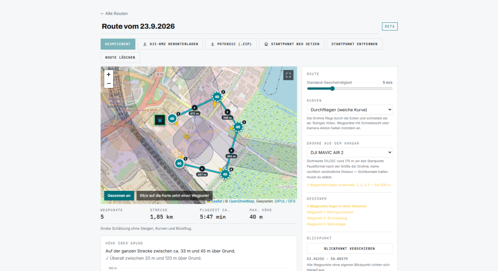 Der Wegpunkt-Planer im Browser: Route mit fünf Wegpunkten, Sichtweiten-Kreis und Geländeprofil