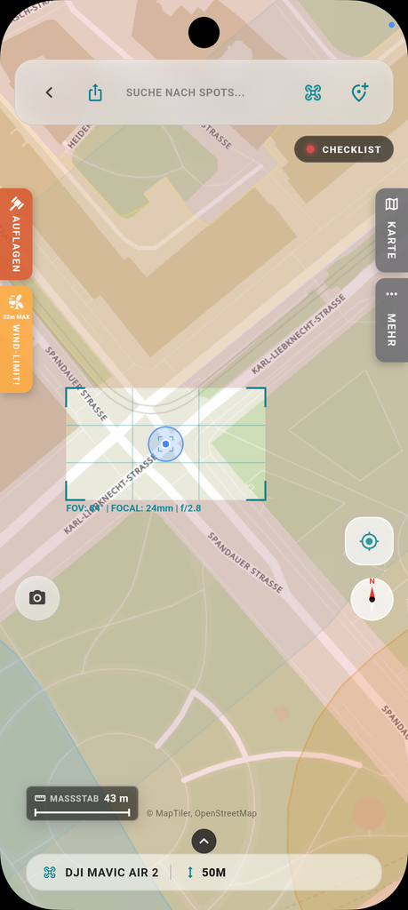 Kartenansicht mit Kamera-Footprint der DJI Mavic Air 2 auf 50 Metern Flughöhe