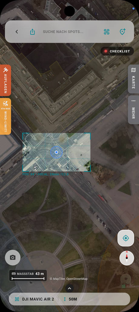 Satellitenansicht mit eingezeichnetem Kamera-Footprint über einer Kreuzung