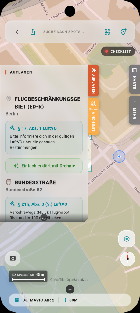 Auflagen-Ansicht in Hoverpoint mit dem Flugbeschränkungsgebiet ED-R Berlin und der Bundesstraße B2 samt zugehörigen LuftVO-Paragrafen