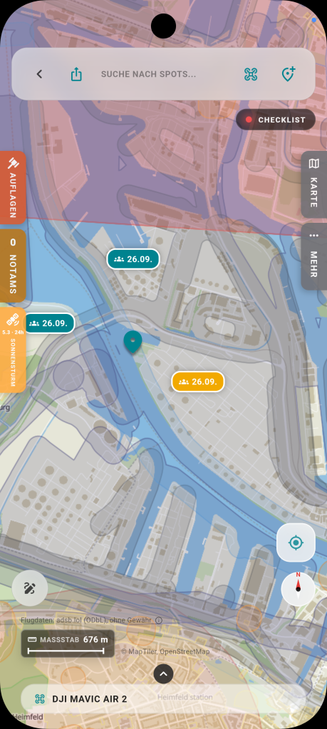 Karte in der Hoverpoint-App mit mehreren Pilotentreffen als Marker, dazu eingefärbte Geozonen