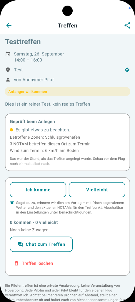 Detailseite eines Pilotentreffens in der App mit der Ampel aus der Prüfung beim Anlegen