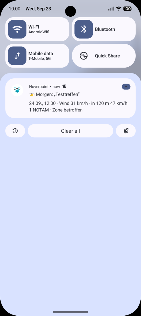Push-Nachricht auf dem Sperrbildschirm: „Morgen: Testtreffen“ mit Wind, NOTAM und betroffener Zone