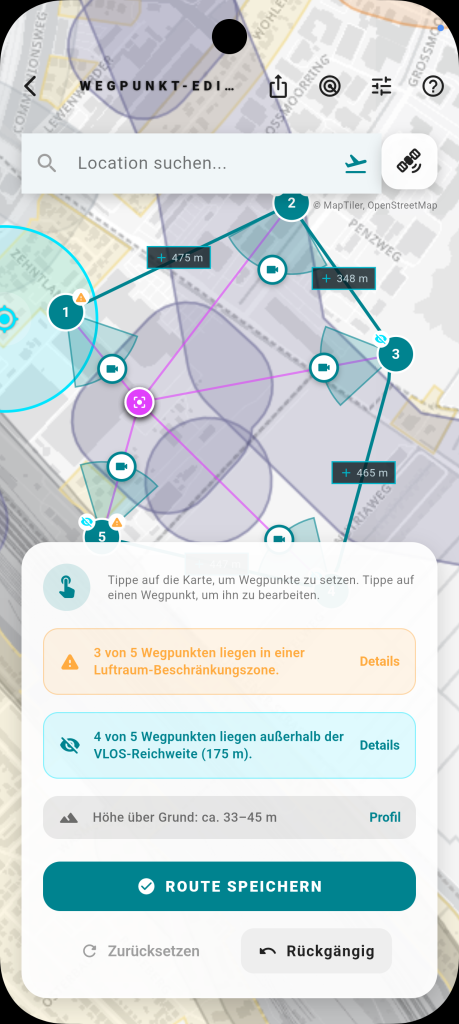 Dieselbe Wegpunkt-Route in der Hoverpoint-App auf dem Handy