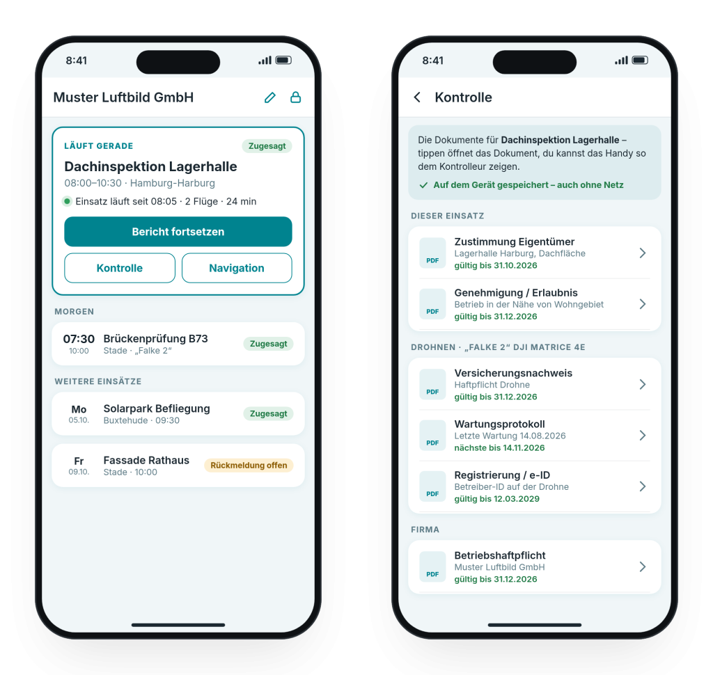 Hoverpoint-App: Meine Einsätze mit laufendem Einsatz und die Dokumente für eine Kontrolle vor Ort