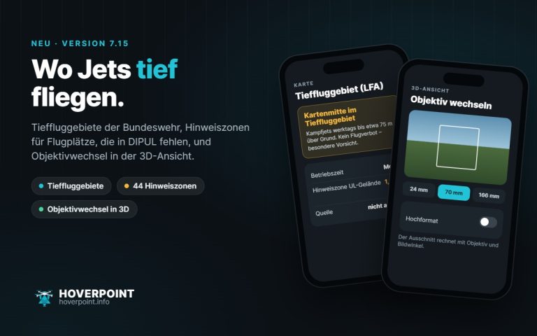 Hoverpoint 7.15: Hinweis zum Tieffluggebiet und Objektivwechsel in der 3D-Ansicht