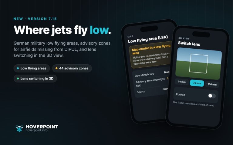 Hoverpoint 7.15: low flying area notice and lens switching in the 3D view