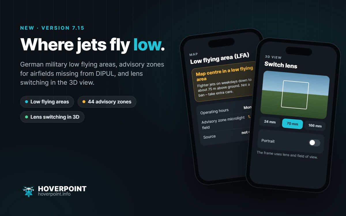 Hoverpoint 7.15: low flying area notice and lens switching in the 3D view