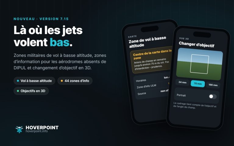 Hoverpoint 7.15 : avis de zone de vol à basse altitude et changement d’objectif en 3D