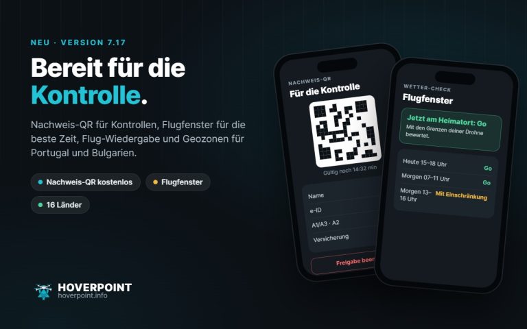 Hoverpoint 7.17: Nachweis-QR für Kontrollen und Flugfenster im Wetter-Check