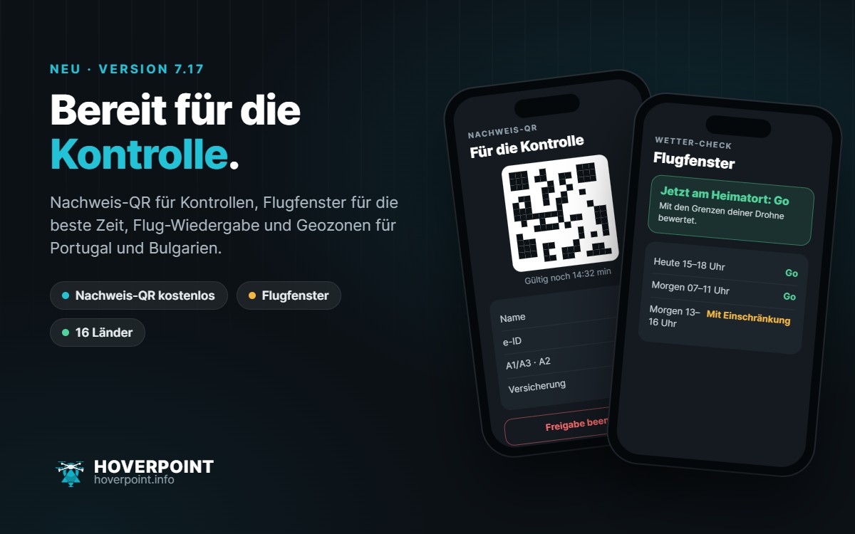 Hoverpoint 7.17: Nachweis-QR für Kontrollen und Flugfenster im Wetter-Check