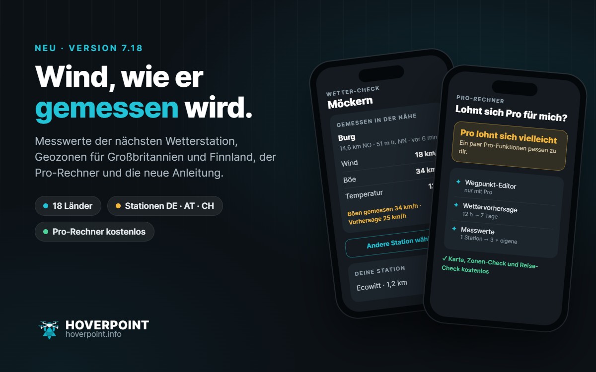 Hoverpoint 7.18: Messwerte der nächsten Wetterstation und der Pro-Rechner auf zwei Handys
