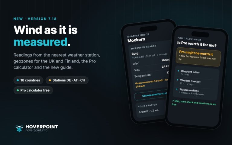 Hoverpoint 7.18: readings from the nearest weather station and the Pro calculator on two phones
