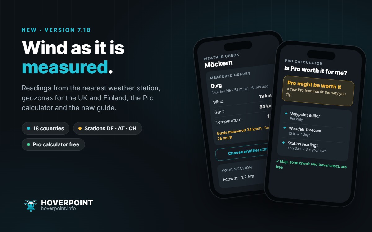 Hoverpoint 7.18: readings from the nearest weather station and the Pro calculator on two phones