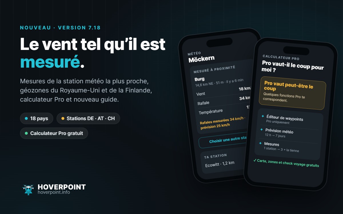 Hoverpoint 7.18 : mesures de la station météo la plus proche et calculateur Pro sur deux téléphones