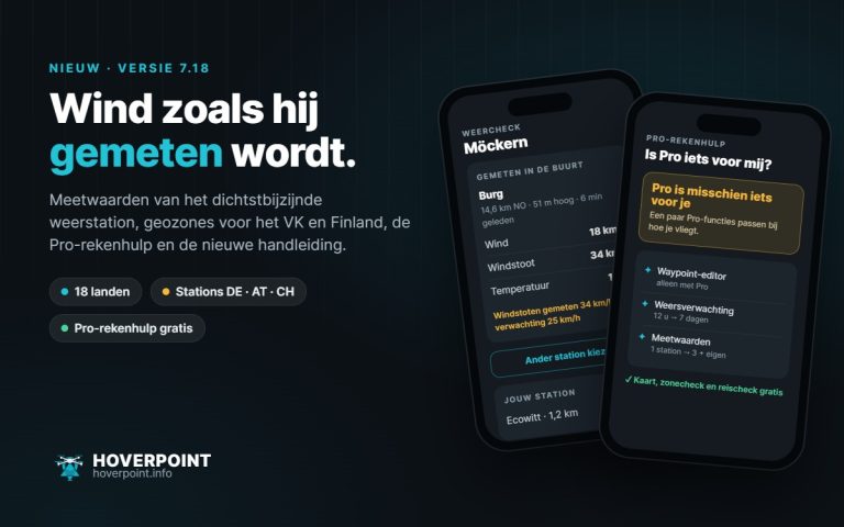 Hoverpoint 7.18: meetwaarden van het dichtstbijzijnde weerstation en de Pro-rekenhulp op twee telefoons