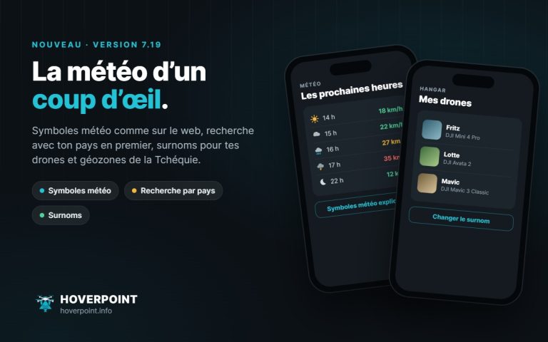 Hoverpoint 7.19 : prévisions horaires avec symboles météo et drones avec surnoms dans le hangar sur deux téléphones