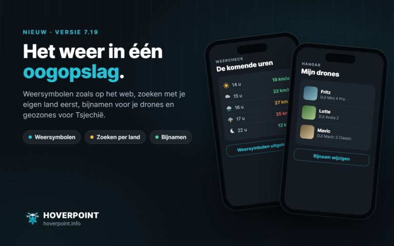 Hoverpoint 7.19: uurvoorspelling met weersymbolen en drones met bijnamen in de hangar op twee telefoons