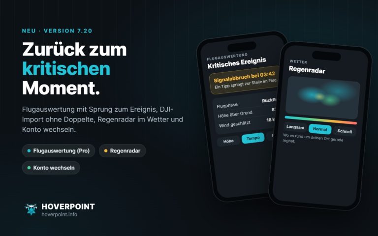 Hoverpoint 7.20: Flugauswertung mit kritischem Ereignis und Regenradar auf zwei Handys