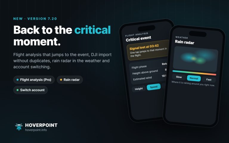Hoverpoint 7.20: flight analysis with critical event and rain radar on two phones