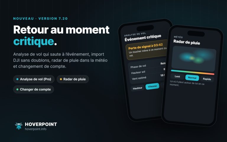 Hoverpoint 7.20 : analyse de vol avec événement critique et radar de pluie sur deux téléphones
