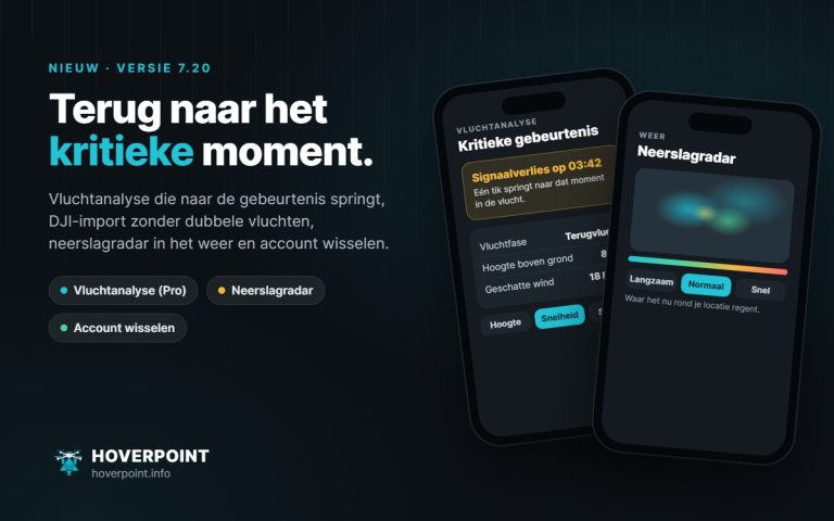 Hoverpoint 7.20: vluchtanalyse met kritieke gebeurtenis en neerslagradar op twee telefoons