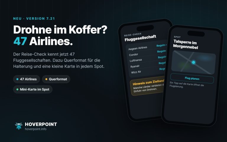 Hoverpoint 7.21: Reise-Check mit Fluggesellschaften und Spot mit kleiner Karte auf zwei Handys