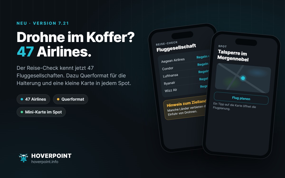 Hoverpoint 7.21: Reise-Check mit Fluggesellschaften und Spot mit kleiner Karte auf zwei Handys