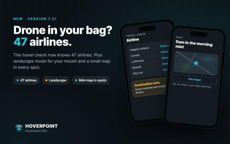 Hoverpoint 7.21: travel check with airlines and a spot with a small map on two phones