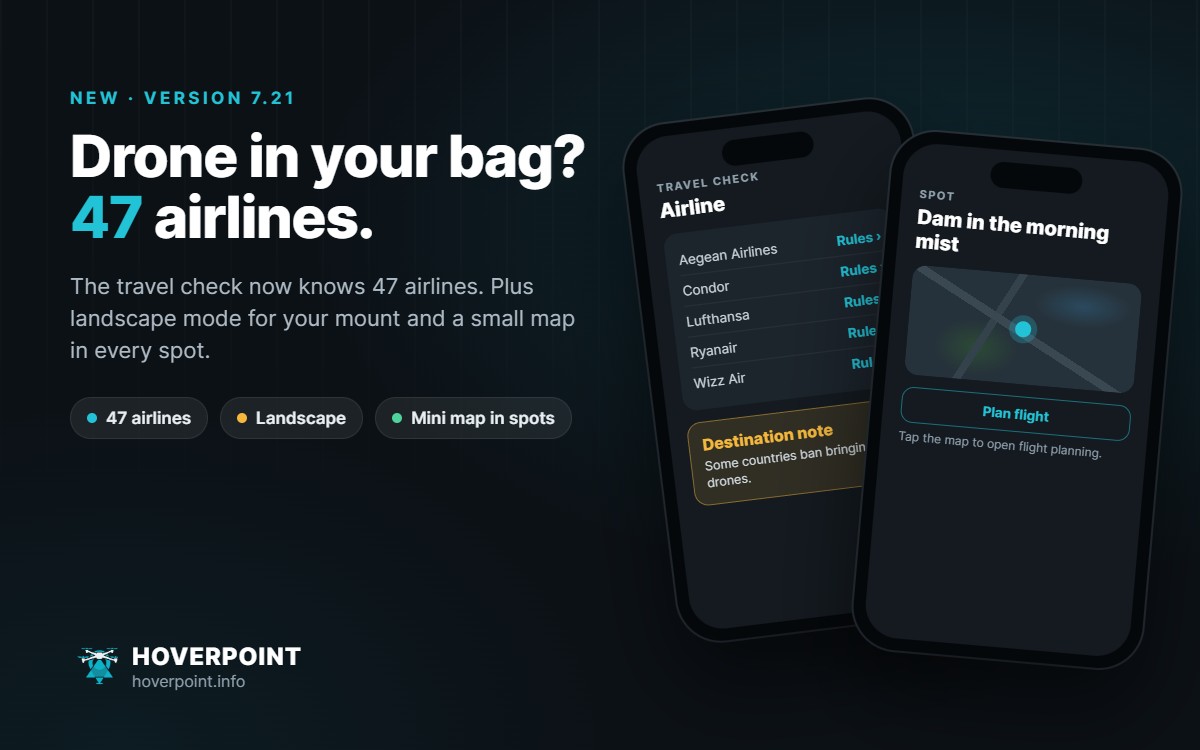 Hoverpoint 7.21: travel check with airlines and a spot with a small map on two phones