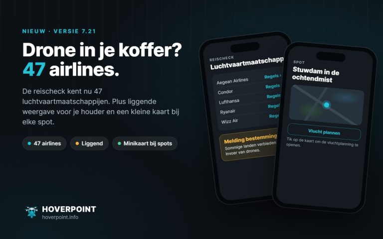 Hoverpoint 7.21: reischeck met luchtvaartmaatschappijen en spot met kleine kaart op twee telefoons