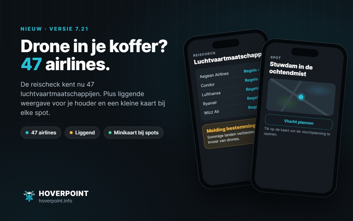 Hoverpoint 7.21: reischeck met luchtvaartmaatschappijen en spot met kleine kaart op twee telefoons