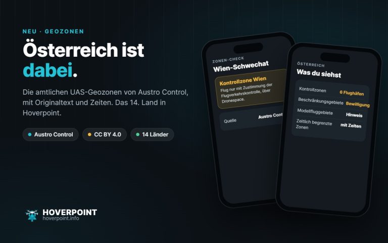 Österreich ist dabei. – Die amtlichen UAS-Geozonen von Austro Control, mit Originaltext und Zeiten. Das 14. Land in Hoverpoint.