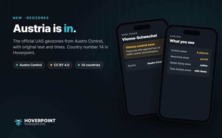 Austria is in. – The official UAS geozones from Austro Control, with original text and times. Country number 14 in Hoverpoint.