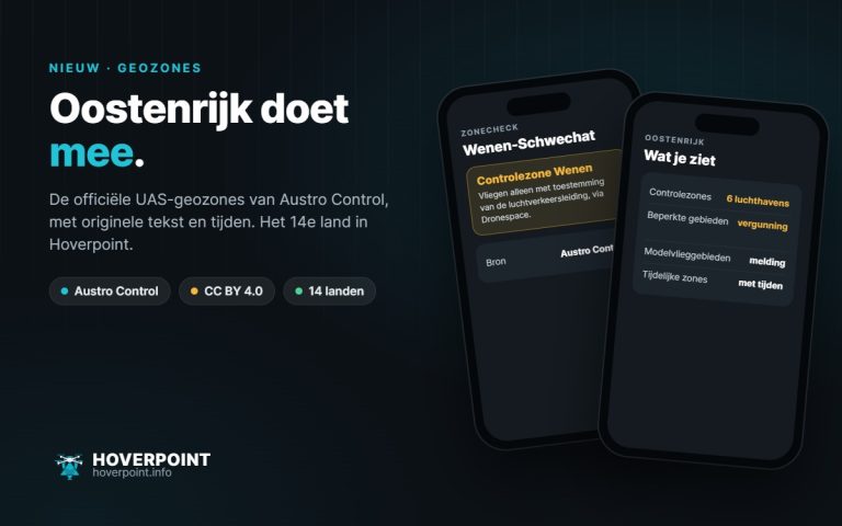 Oostenrijk doet mee. – De officiële UAS-geozones van Austro Control, met originele tekst en tijden. Het 14e land in Hoverpoint.