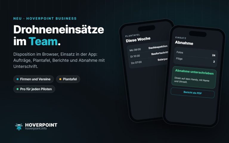 Drohneneinsätze im Team. – Disposition im Browser, Einsatz in der App: Aufträge, Plantafel, Berichte und Abnahme mit Unterschrift.