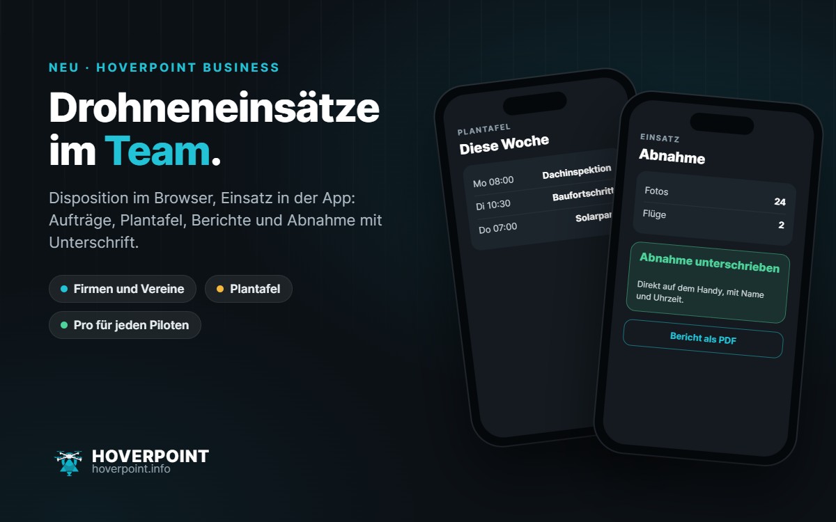 Drohneneinsätze im Team. – Disposition im Browser, Einsatz in der App: Aufträge, Plantafel, Berichte und Abnahme mit Unterschrift.