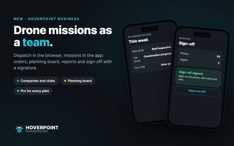Drone missions as a team. – Dispatch in the browser, missions in the app: orders, planning board, reports and sign-off with a signature.