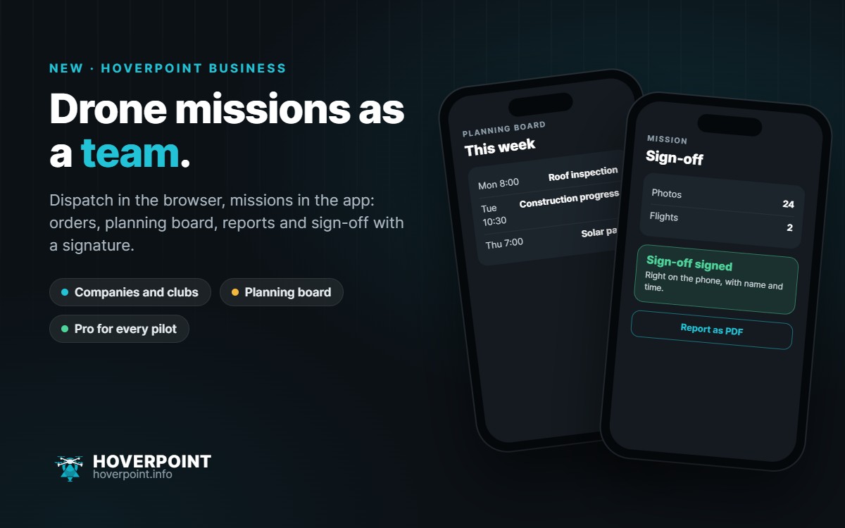 Drone missions as a team. – Dispatch in the browser, missions in the app: orders, planning board, reports and sign-off with a signature.