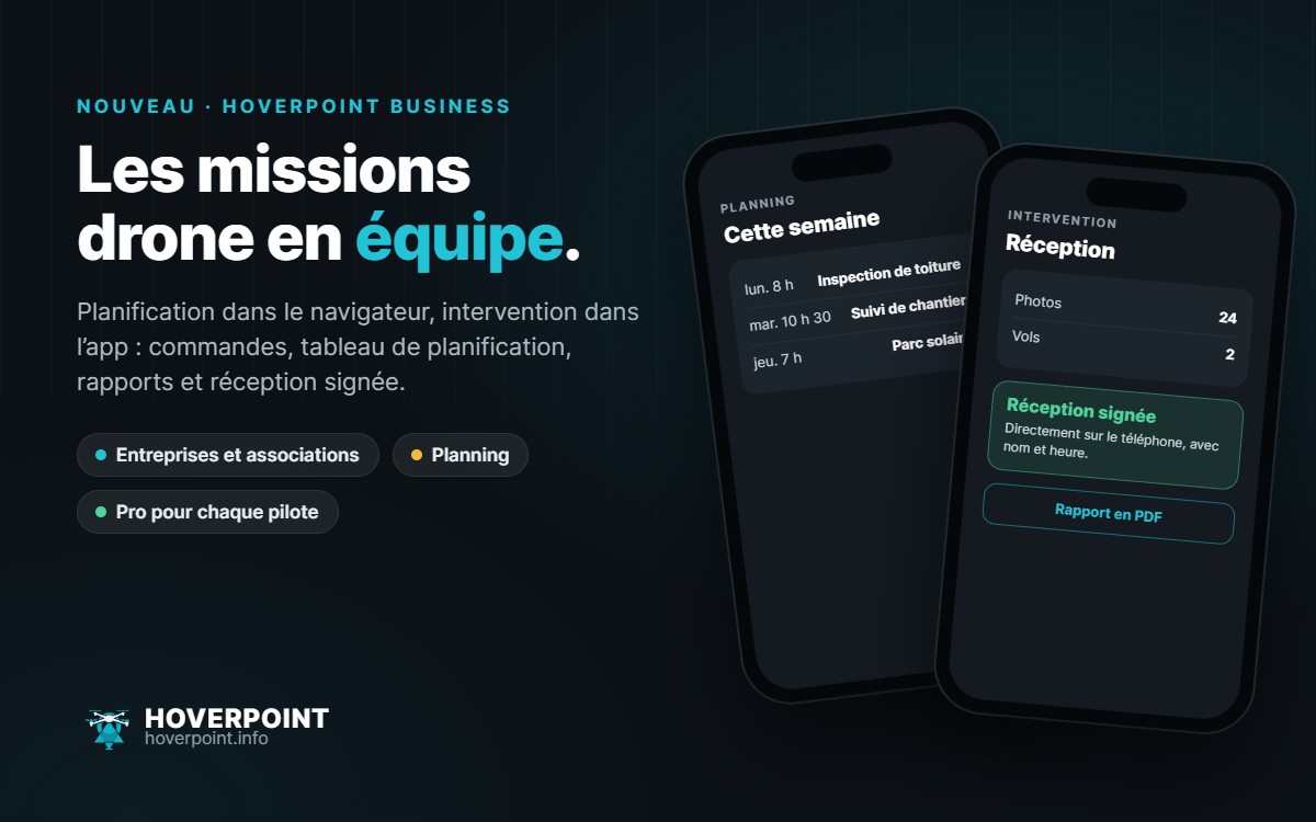 Les missions drone en équipe. – Planification dans le navigateur, intervention dans l’app : commandes, tableau de planification, rapports et réception signée.