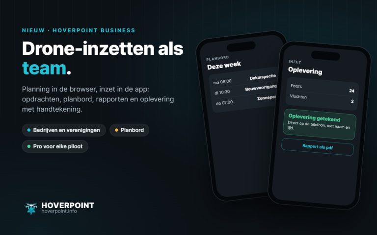 Drone-inzetten als team. – Planning in de browser, inzet in de app: opdrachten, planbord, rapporten en oplevering met handtekening.
