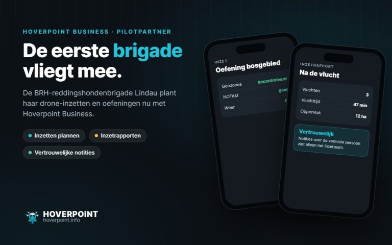 De eerste brigade vliegt mee. – De BRH-reddingshondenbrigade Lindau plant haar drone-inzetten en oefeningen nu met Hoverpoint Business.