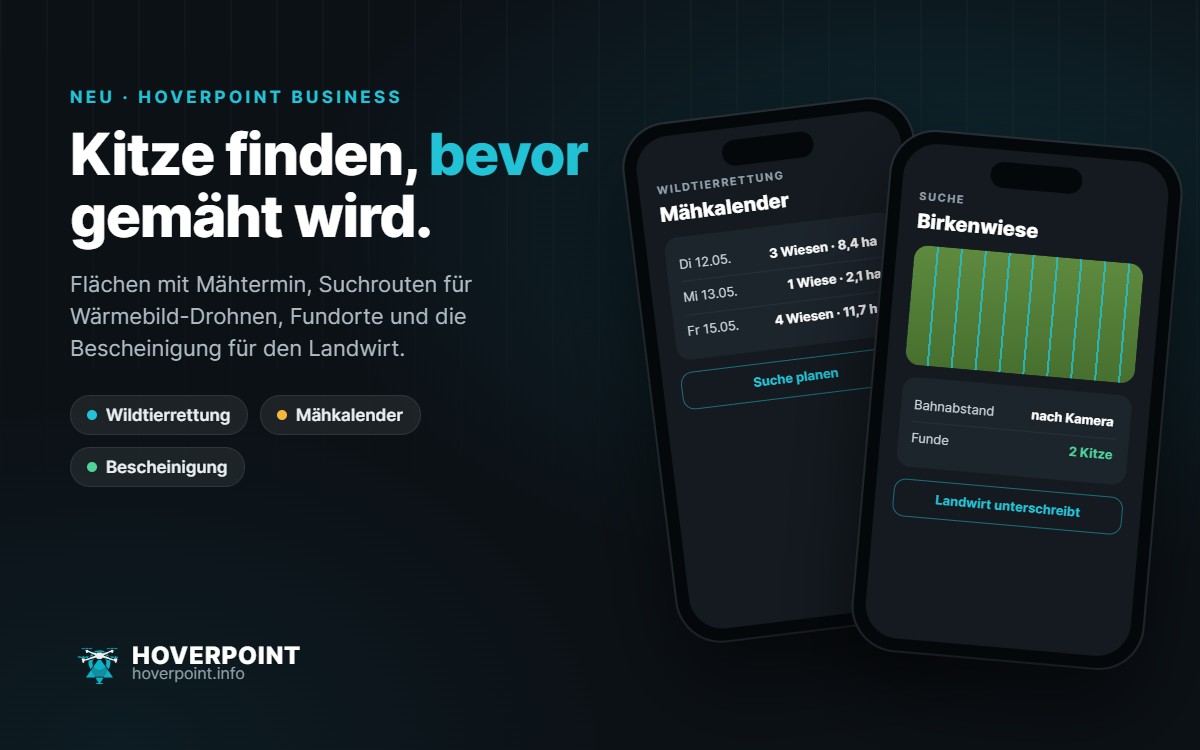 Kitze finden, bevor gemäht wird. – Flächen mit Mähtermin, Suchrouten für Wärmebild-Drohnen, Fundorte und die Bescheinigung für den Landwirt.