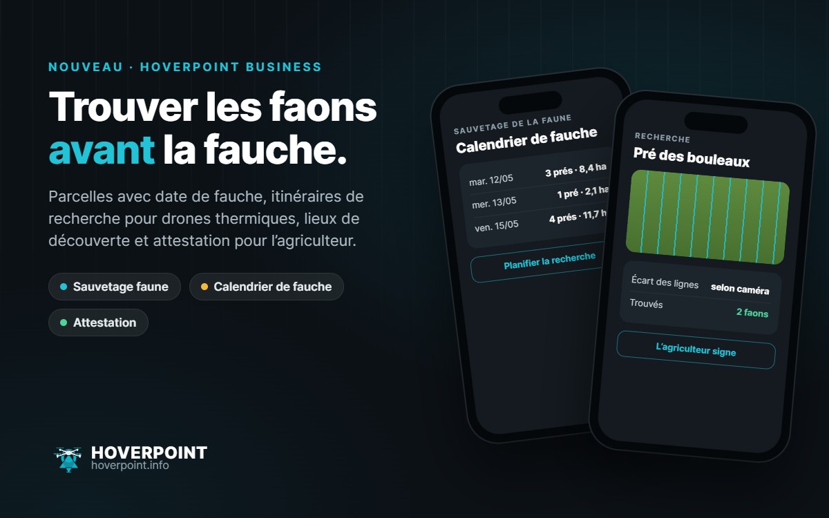 Trouver les faons avant la fauche. – Parcelles avec date de fauche, itinéraires de recherche pour drones thermiques, lieux de découverte et attestation pour l’agriculteur.