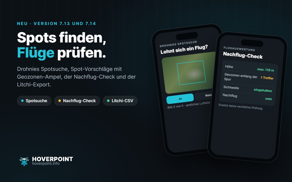 Spots finden, Flüge prüfen. – Drohnies Spotsuche, Spot-Vorschläge mit Geozonen-Ampel, der Nachflug-Check und der Litchi-Export.