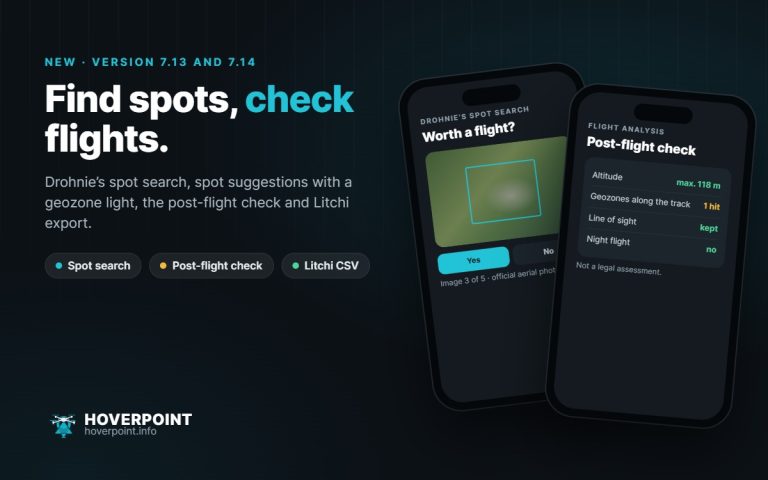 Find spots, check flights. – Drohnie’s spot search, spot suggestions with a geozone light, the post-flight check and Litchi export.