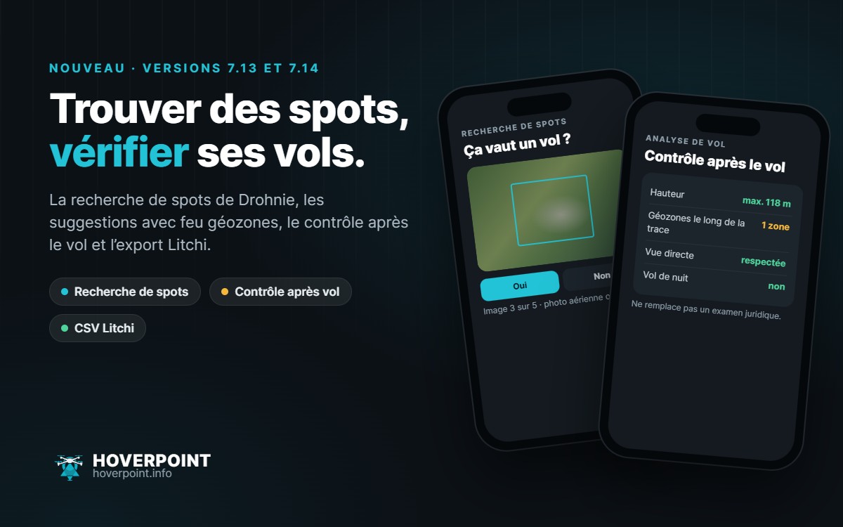 Trouver des spots, vérifier ses vols. – La recherche de spots de Drohnie, les suggestions avec feu géozones, le contrôle après le vol et l’export Litchi.