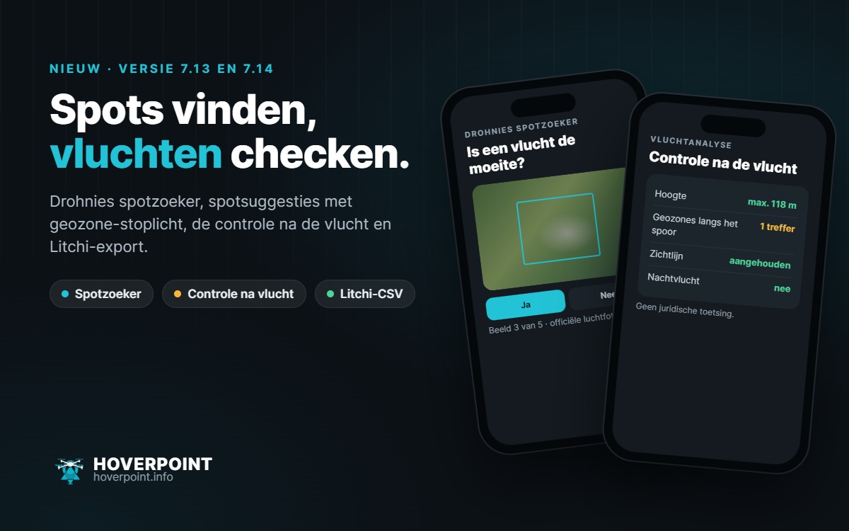 Spots vinden, vluchten checken. – Drohnies spotzoeker, spotsuggesties met geozone-stoplicht, de controle na de vlucht en Litchi-export.