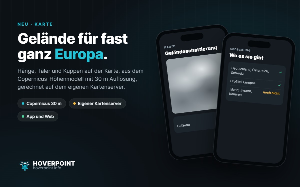 Gelände für fast ganz Europa. – Hänge, Täler und Kuppen auf der Karte, aus dem Copernicus-Höhenmodell mit 30 m Auflösung, gerechnet auf dem eigenen Kartenserver.