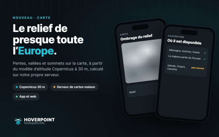 Le relief de presque toute l’Europe. – Pentes, vallées et sommets sur la carte, à partir du modèle d’altitude Copernicus à 30 m, calculé sur notre propre serveur.